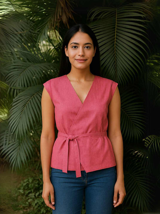 Rose Wrap Vest- Handwoven Khadi Cotton | Jhultaru. Fabric: 100% Handwoven Khadi Cotton  Design: Wrap vest with side ties, V-neck, sleeveless  Color: Dual-toned textured rose pink- Rose wrap vest in handwoven khadi cotton. Sleeveless, V-neck design with tie-up details in a rich rose pink. Mindfully tailored for freedom and form. Eco-friendly & Sustainable