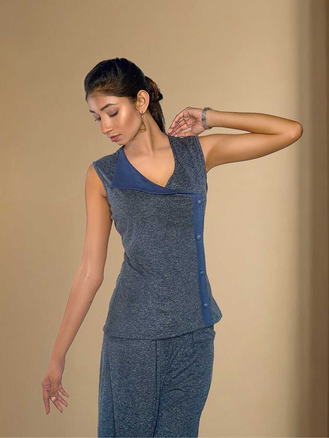 Inara Gray and Blue Recycled Polyester & Hemp Asymmetric Button Top | Jhultaru