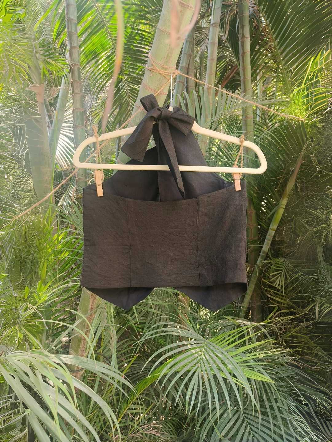 Noir Linen Halter Vest in Charcoal Black | Jhultaru