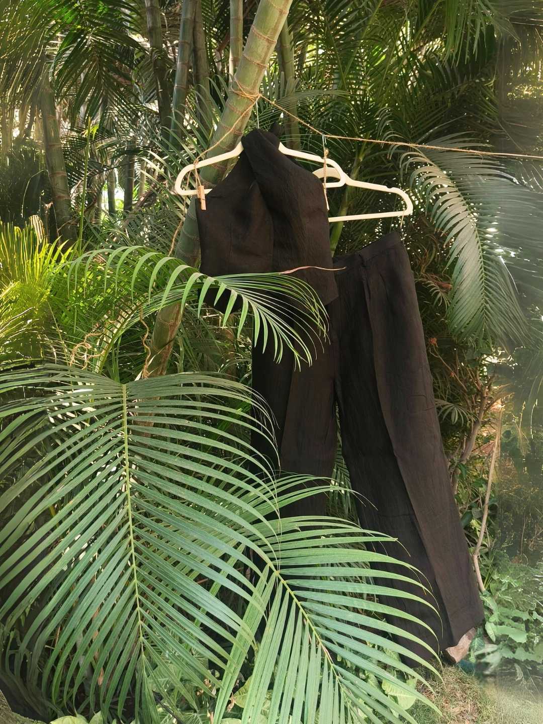 Noir Linen Co-ord Set - Halter Vest & High-Waist Trousers in Charcoal Black | Jhultaru