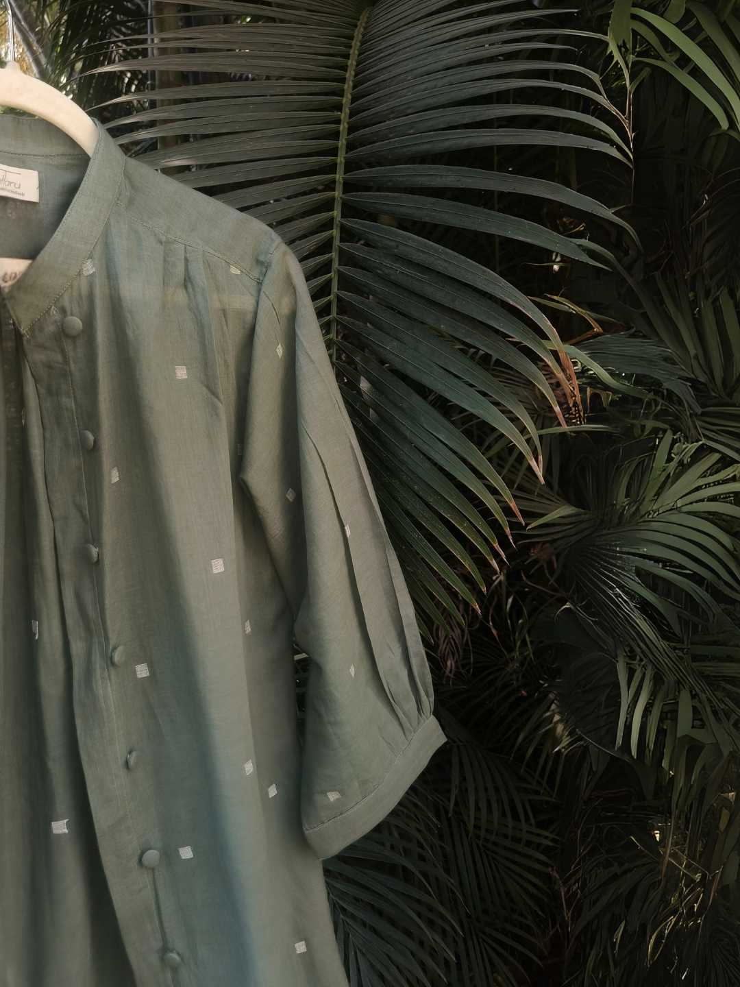 Willow Long Shirt in Handloom Jamdani in Olive Green | Jhultaru