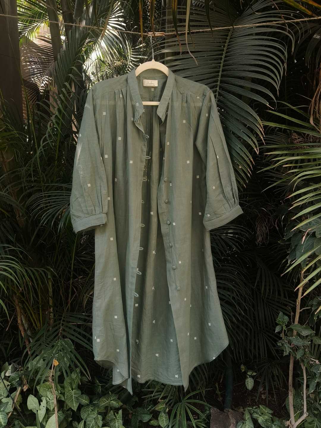Willow Long Shirt in Handloom Jamdani in Olive Green | Jhultaru