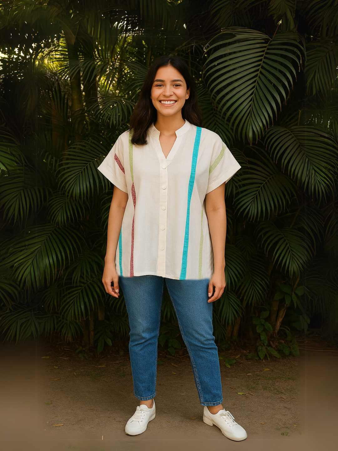 Celest Shirt- Handwoven Organic Cotton Statement Shirt | Jhultaru. 100% Organic Cotton  Stripes made from leftover fabric pieces. Made from 100% organic cotton with repurposed fabric stripes, Celest is an eco-friendly, sustainable and breathable shirt made for mindful living.