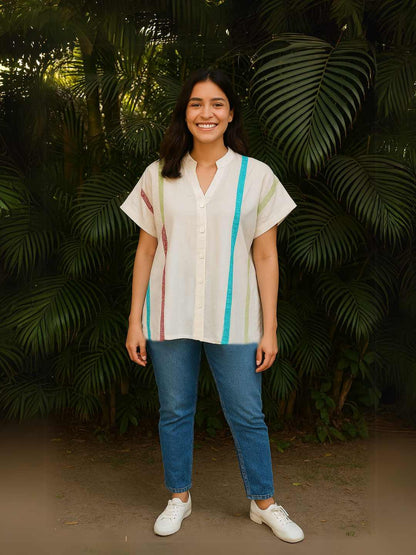 Celest Shirt- Handwoven Organic Cotton Statement Shirt | Jhultaru. 100% Organic Cotton  Stripes made from leftover fabric pieces. Made from 100% organic cotton with repurposed fabric stripes, Celest is an eco-friendly, sustainable and breathable shirt made for mindful living.