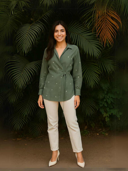 Eden Shirt- Handwoven Jamdani Cotton Wrap Shirt in Olive Green | Jhultaru. 100% Handwoven Jamdani Cotton  Naturally breathable, lightweight, eco-friendly & sustainable- Eden is a wrap shirt in pure Jamdani cotton eco-friendly, breathable & effortlessly elegant. Sustainably made with love by Jhultaru.