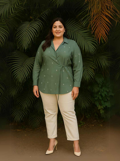 Eden Handwoven Jamdani Cotton Wrap Shirt in Olive Green | Jhultaru
