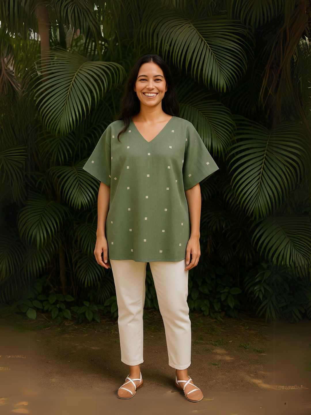 Oliva Kaftan Top- Handwoven Jamdani Cotton | Jhultaru. Fabric: 100% Handwoven Jamdani Cotton  Design: V-neck, kaftan cut, relaxed fit Woven motifs: Subtle white dots in geometric arrangement- Handwoven Jamdani Oliva Kaftan Top in soft sage green with woven motifs. A breathable, flowy silhouette in pure cotton for everyday ease.