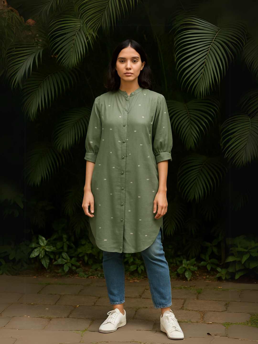 Willow Long Shirt in Handloom Jamdani in Olive Green | Jhultaru