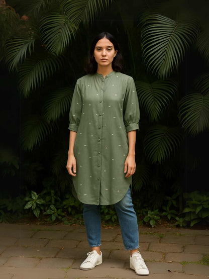 Willow Long Shirt in Handloom Jamdani in Olive Green | Jhultaru