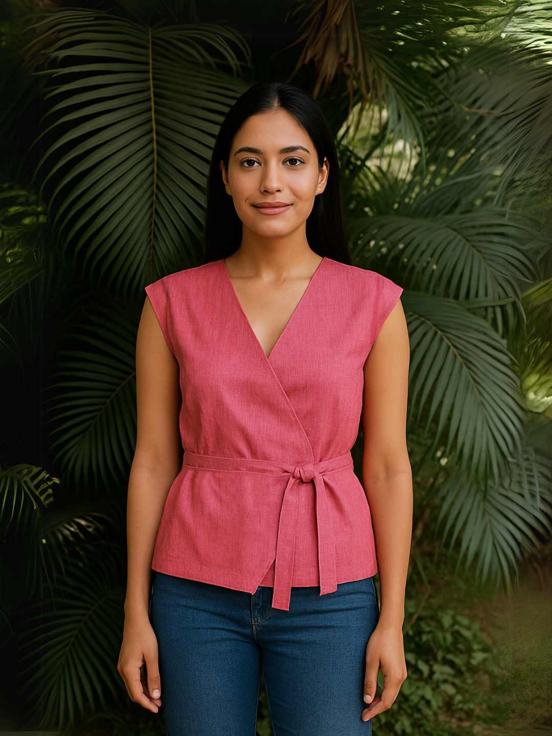 Rose Wrap Vest- Handwoven Khadi Cotton | Jhultaru. Fabric: 100% Handwoven Khadi Cotton  Design: Wrap vest with side ties, V-neck, sleeveless  Color: Dual-toned textured rose pink- Rose wrap vest in handwoven khadi cotton. Sleeveless, V-neck design with tie-up details in a rich rose pink. Mindfully tailored for freedom and form. Eco-friendly & Sustainable