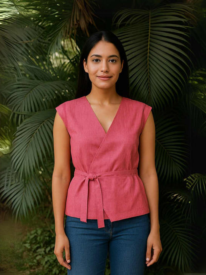 Rose Wrap Vest- Handwoven Khadi Cotton | Jhultaru. Fabric: 100% Handwoven Khadi Cotton  Design: Wrap vest with side ties, V-neck, sleeveless  Color: Dual-toned textured rose pink- Rose wrap vest in handwoven khadi cotton. Sleeveless, V-neck design with tie-up details in a rich rose pink. Mindfully tailored for freedom and form. Eco-friendly & Sustainable