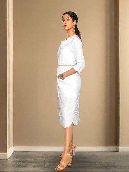 Saira White Formal Hemp Shirt Dress | Jhultaru