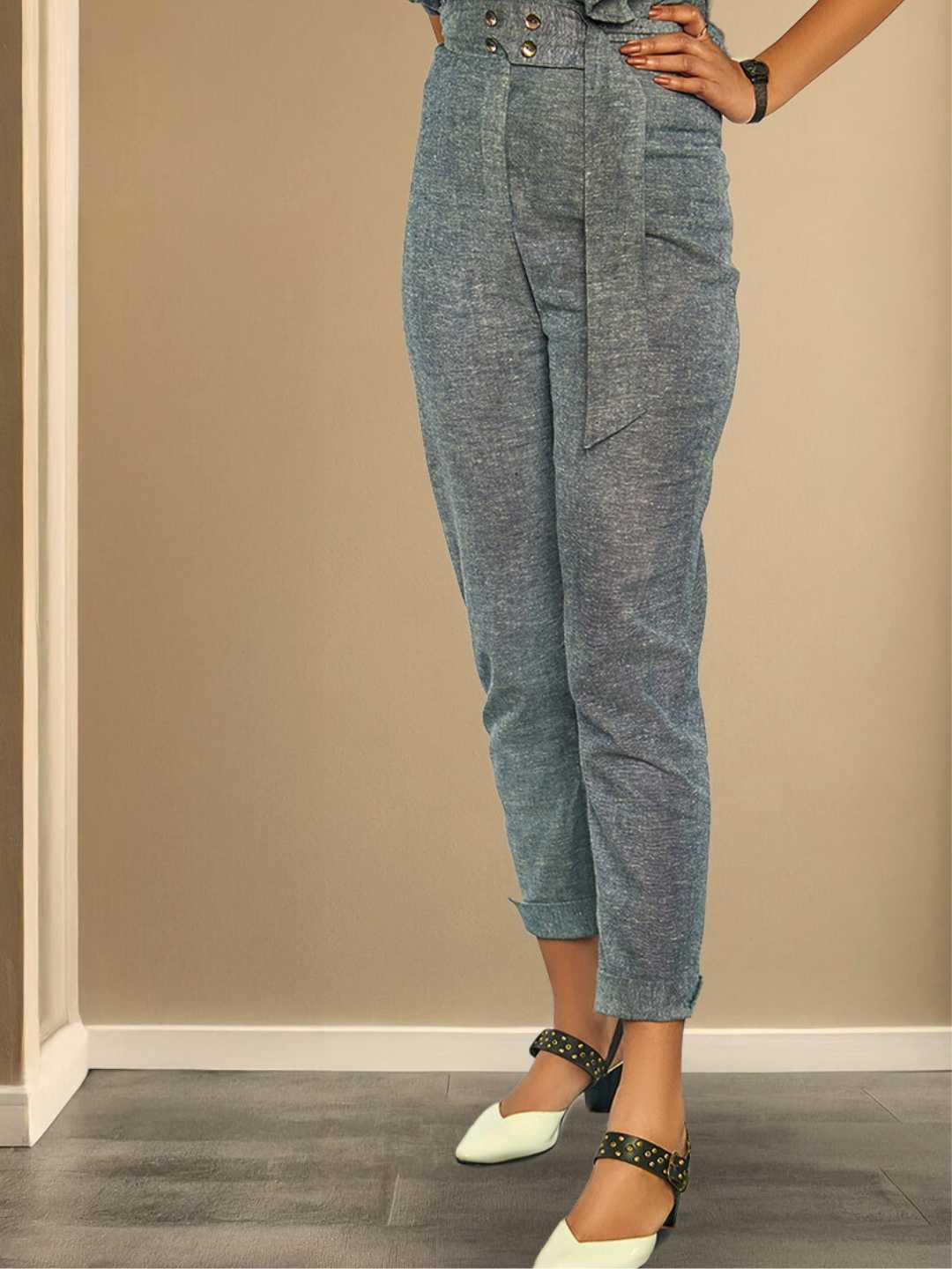 Kaia High Waist Belted Tapered Pants Grey Hemp | Jhultaru