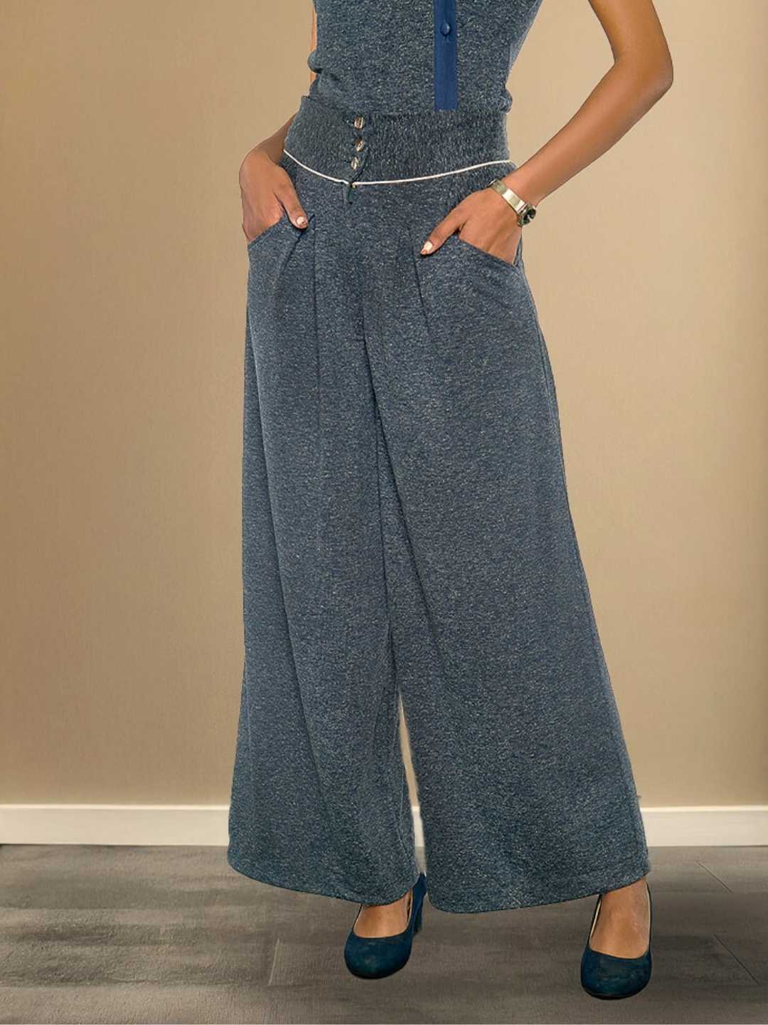 Reyna Pants – High-waist trousers in grey recycled polyester and hemp, the Reyna Pants by Jhultaru are tailored for comfort and modern resilience. Crafted using 85% recycled polyester + 15% hemp – sustainable, soft, and resource-conscious.