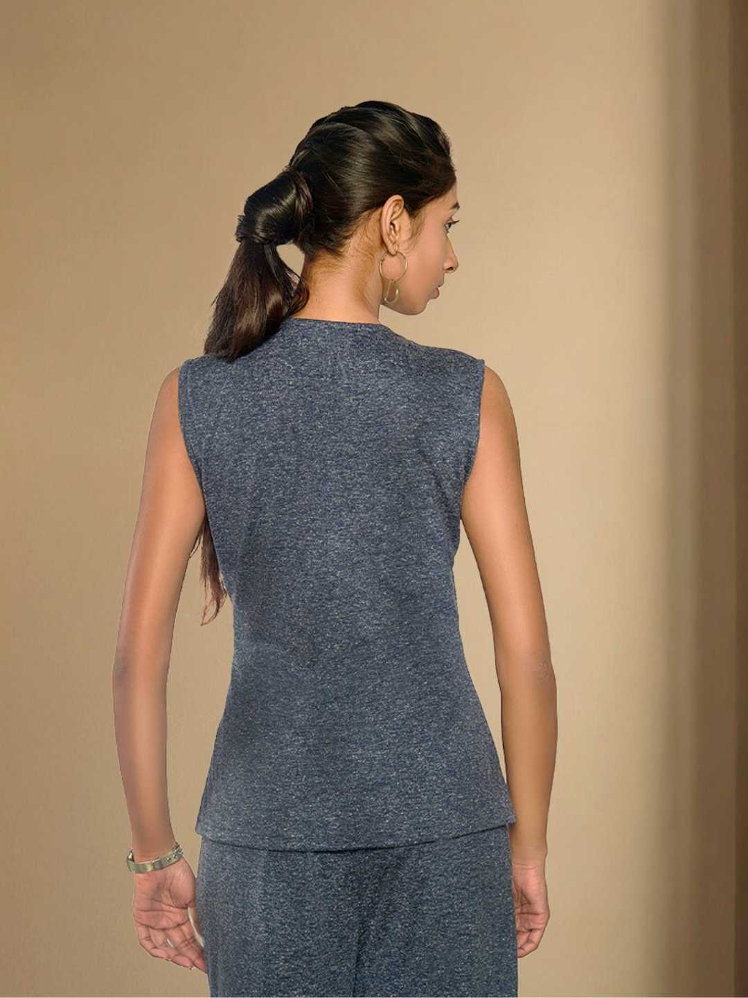 Inara Gray and Blue Recycled Polyester & Hemp Asymmetric Button Top | Jhultaru