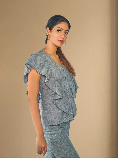 Kaia Grey Hemp Ruffle Front Top| Jhultaru