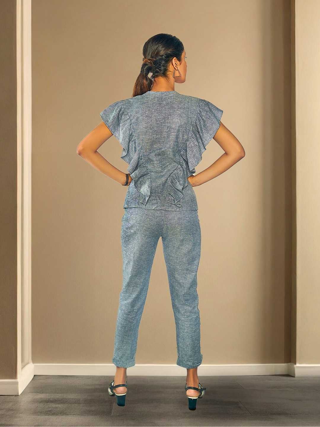 Kaia Grey Hemp Ruffle Front Top| Jhultaru