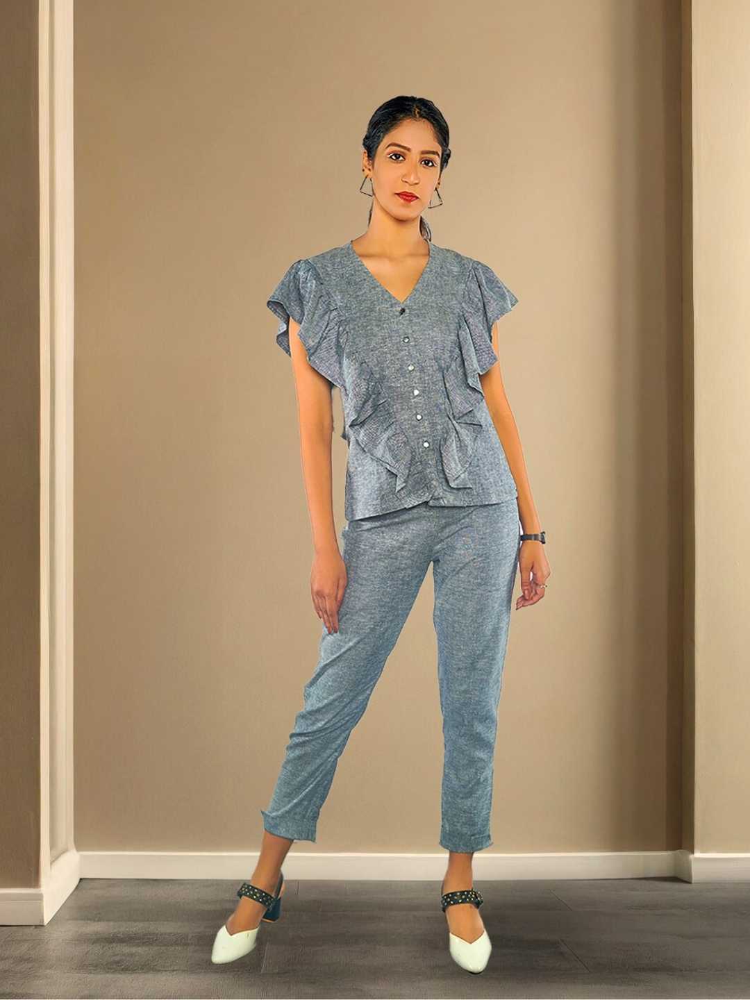 Kaia Grey Hemp Ruffle Front Top| Jhultaru