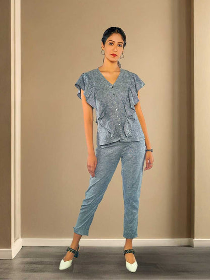 Kaia Grey Hemp Ruffle Front Top| Jhultaru
