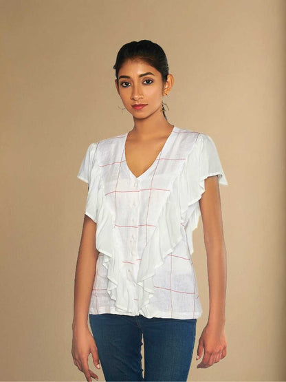 Iyla Hemp White Ruffle Shirt | Jhultaru