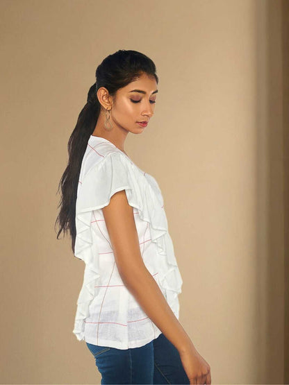 Iyla Hemp White Ruffle Shirt | Jhultaru