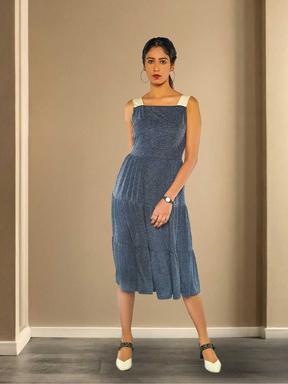 Aeris Grey Recycled Polyester & Hemp Tiered Midi Dress | Jhultaru
