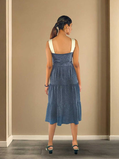 Aeris Grey Recycled Polyester & Hemp Tiered Midi Dress | Jhultaru