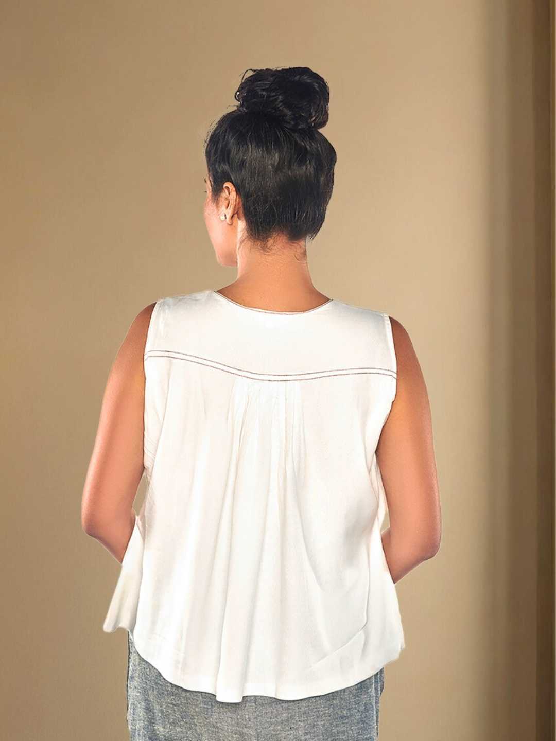 Lyra White Tencel Embroidered Shoulder Top | Jhultaru
