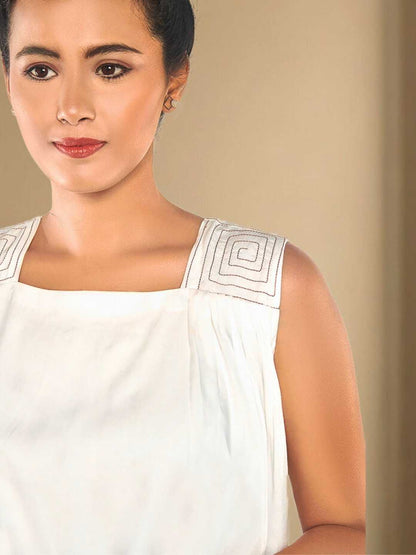 Lyra White Tencel Embroidered Shoulder Top | Jhultaru