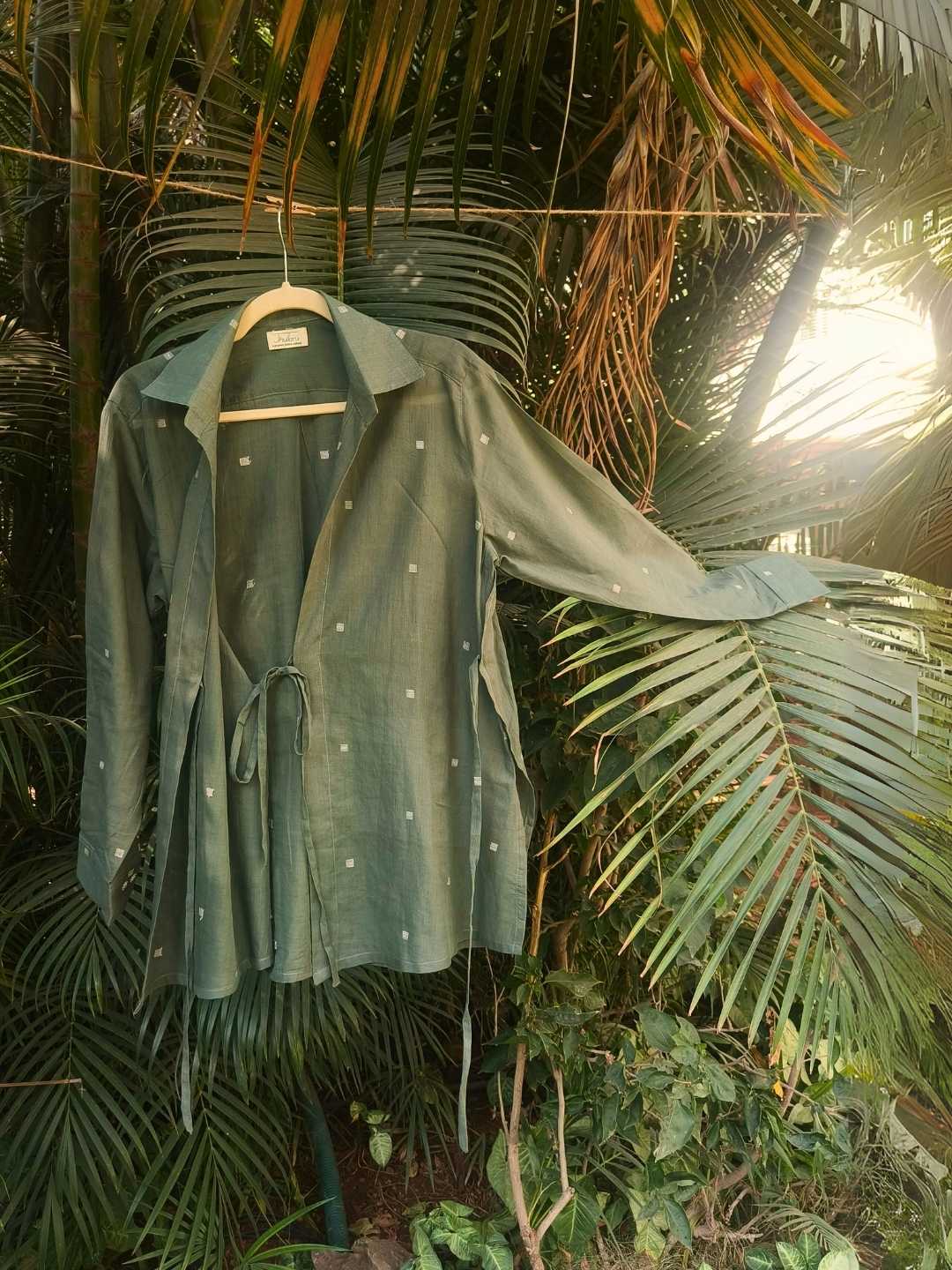 Eden Handwoven Jamdani Cotton Wrap Shirt in Olive Green | Jhultaru