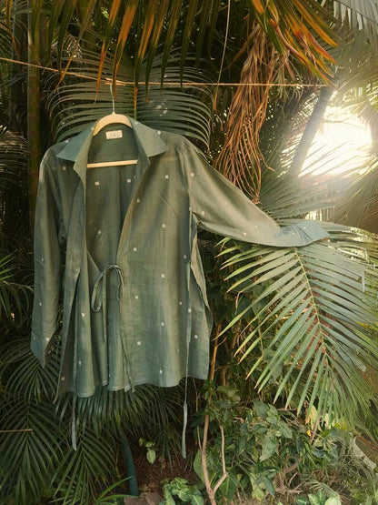Eden Handwoven Jamdani Cotton Wrap Shirt in Olive Green | Jhultaru