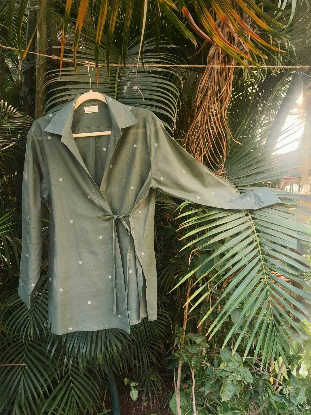 Eden Handwoven Jamdani Cotton Wrap Shirt in Olive Green | Jhultaru