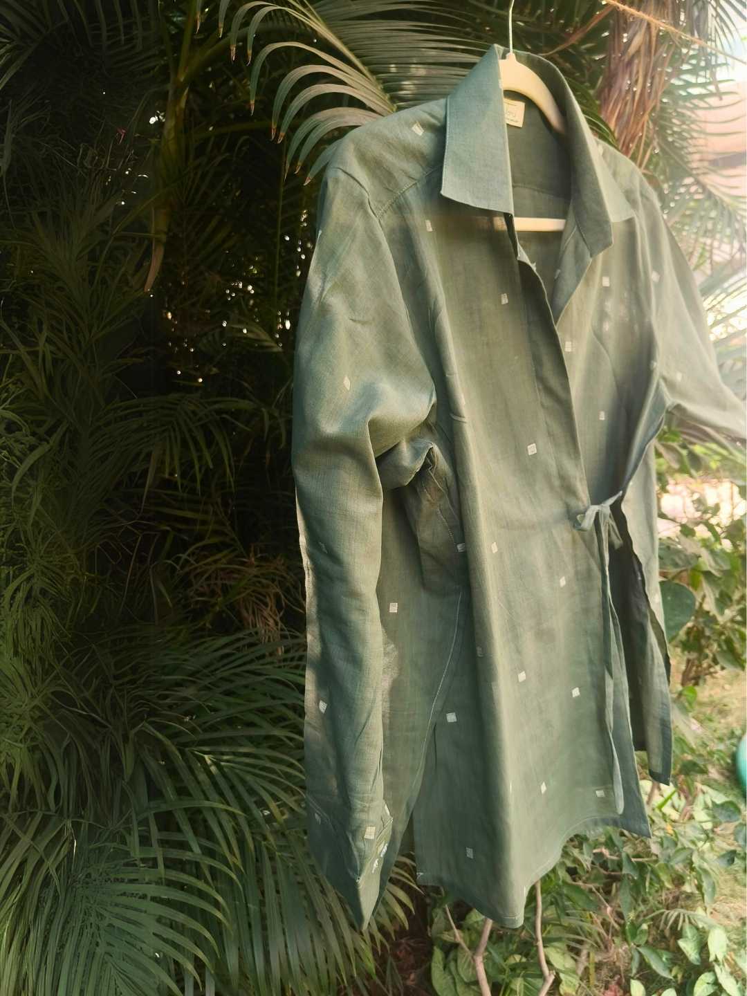 Eden Handwoven Jamdani Cotton Wrap Shirt in Olive Green | Jhultaru
