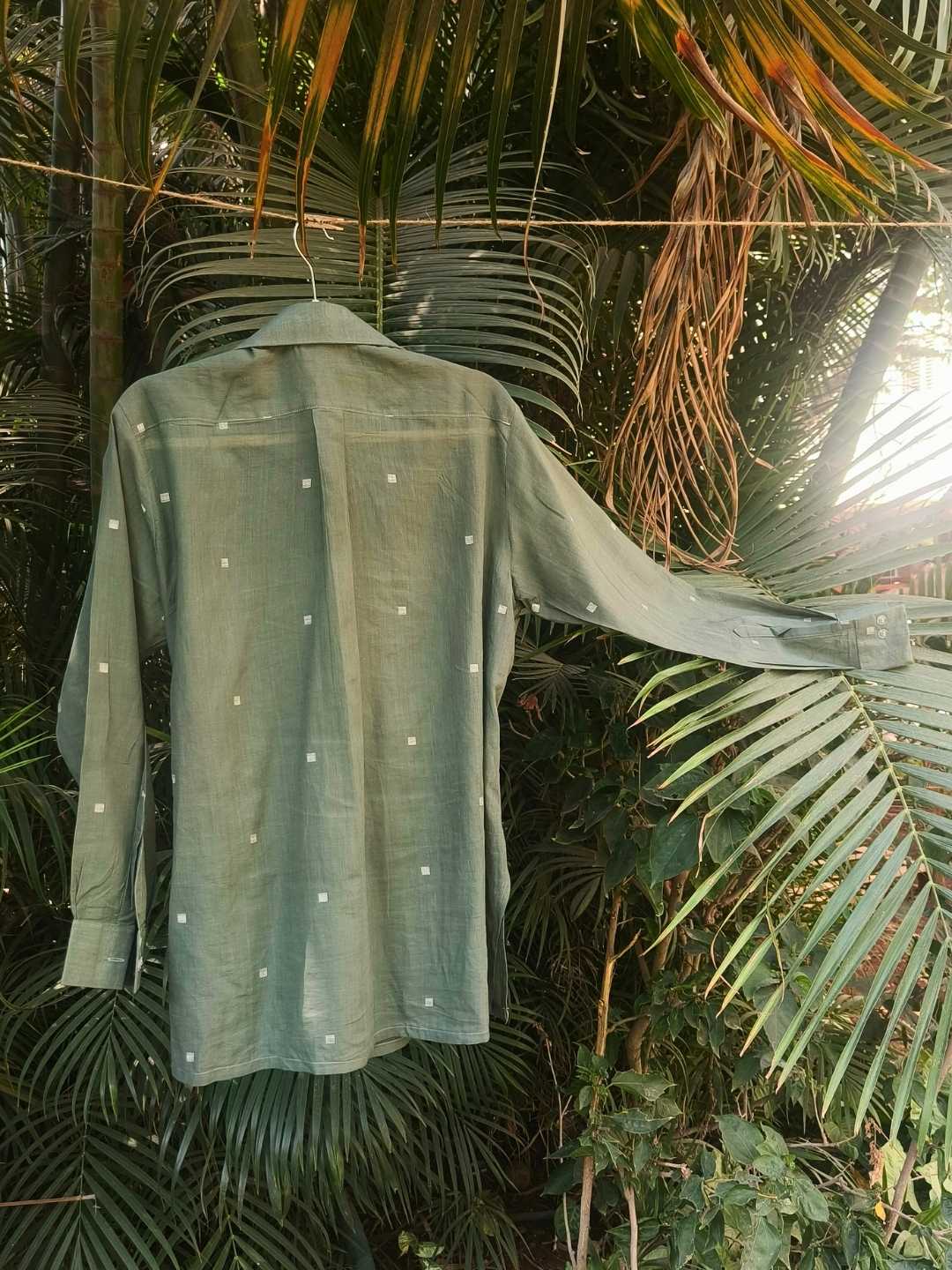 Eden Handwoven Jamdani Cotton Wrap Shirt in Olive Green | Jhultaru