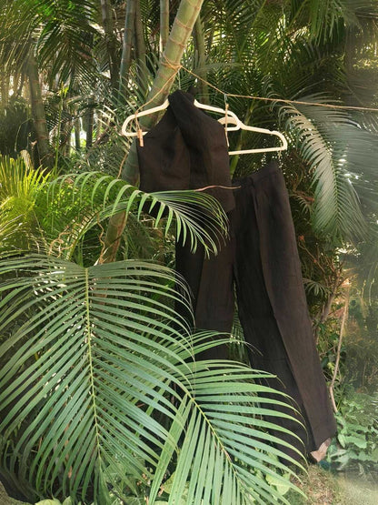 Noir Linen Co-ord Set - Halter Vest & High-Waist Trousers in Charcoal Black | Jhultaru