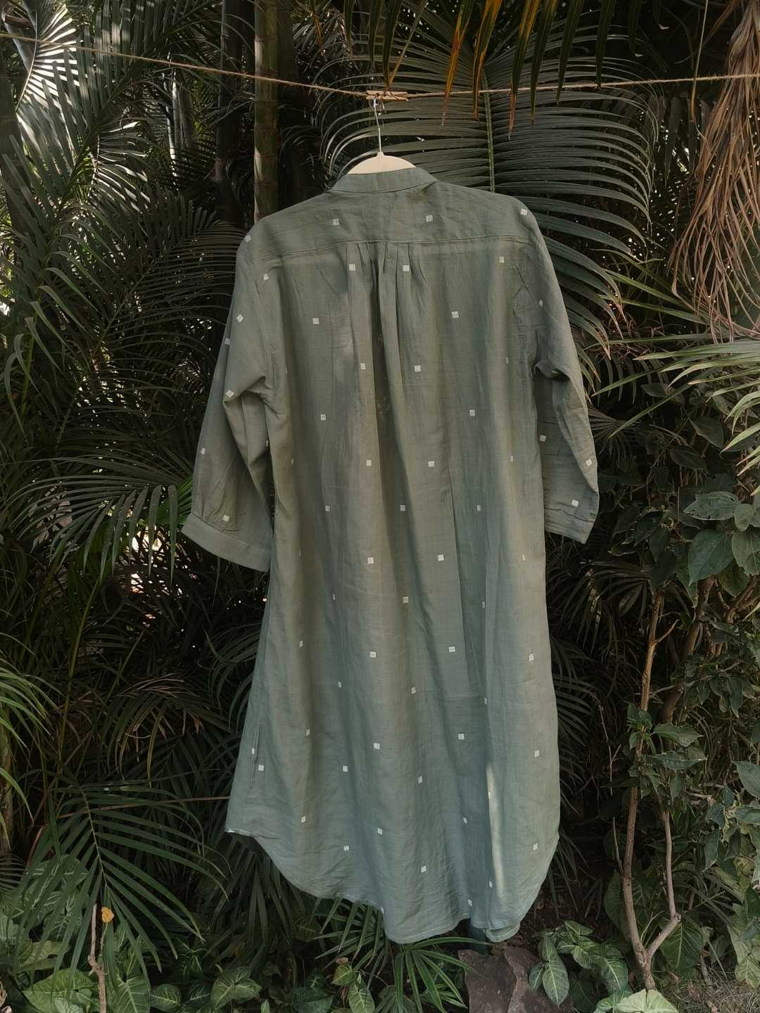 Willow Long Shirt in Handloom Jamdani in Olive Green | Jhultaru