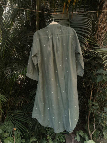 Willow Long Shirt in Handloom Jamdani in Olive Green | Jhultaru