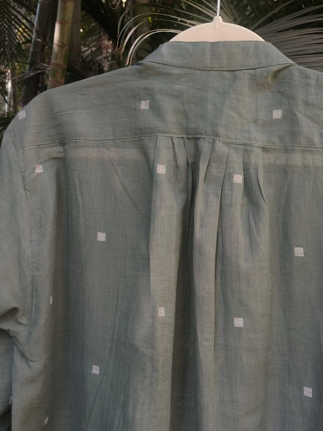 Willow Long Shirt in Handloom Jamdani in Olive Green | Jhultaru
