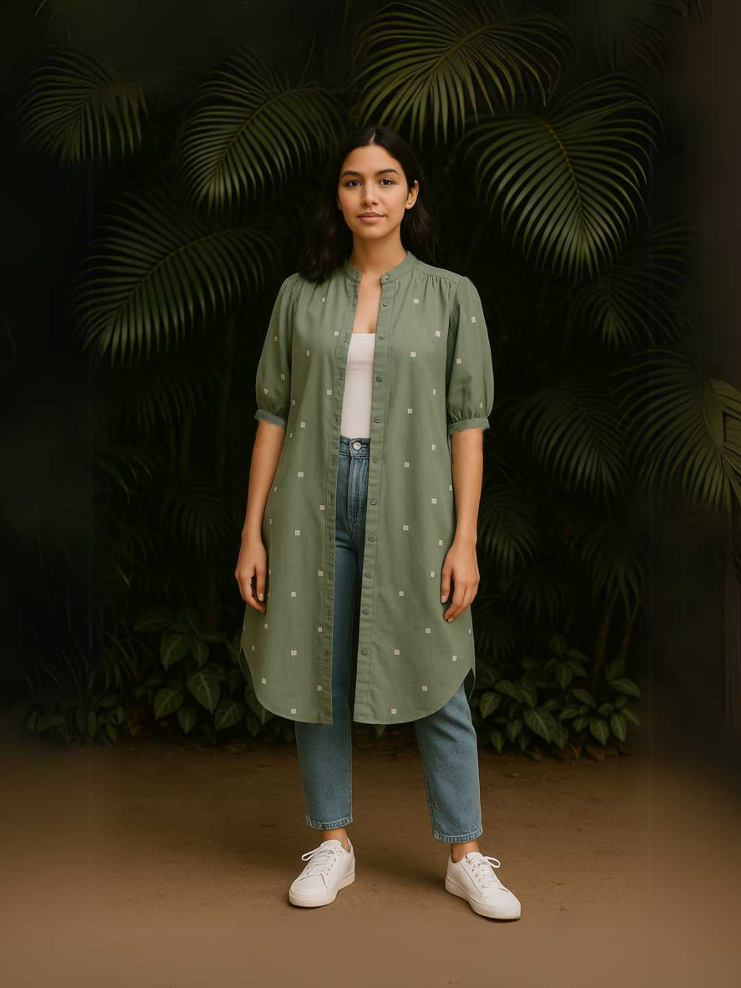 Willow Long Shirt- Handloom Jamdani in Serene Green |Jhultaru. Fabric: 100% Handloom Jamdani Cotton  Color: Serene Green. Soft pleats at shoulderFabric-covered buttonsRelaxed, versatile fitBreathable and light- Breezy, breathable & beautifully handwoven. Willow Shirt is your go-to eco-friendly shirt in Jamdani cotton. Sustainably made. Only at Jhultaru.