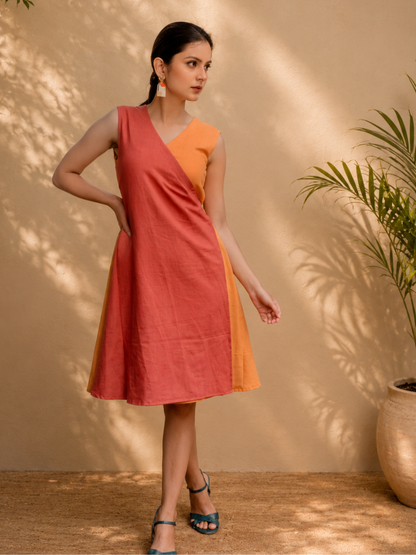 Yellow Orange Khadi Wrap-Up Dress | Jhultaru
