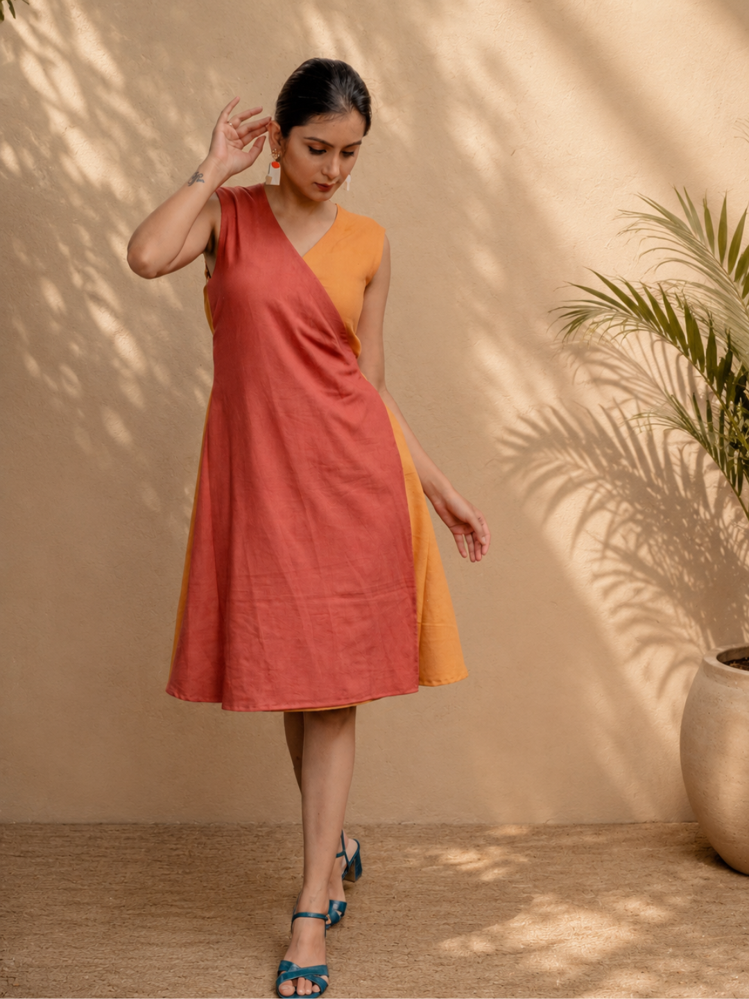 Yellow Orange Khadi Wrap-Up Dress | Jhultaru