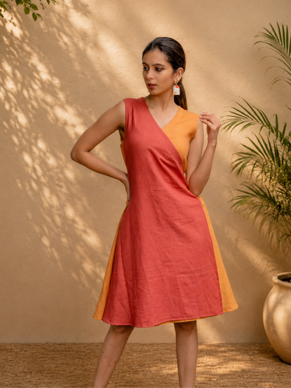 Yellow Orange Khadi Wrap-Up Dress | Jhultaru