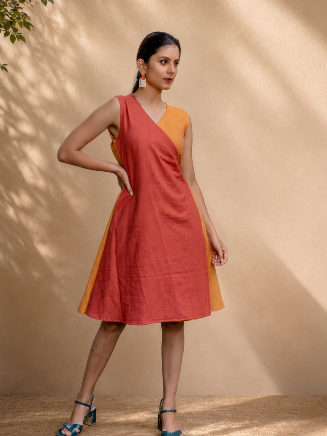 Yellow Orange Khadi Wrap-Up Dress | Jhultaru