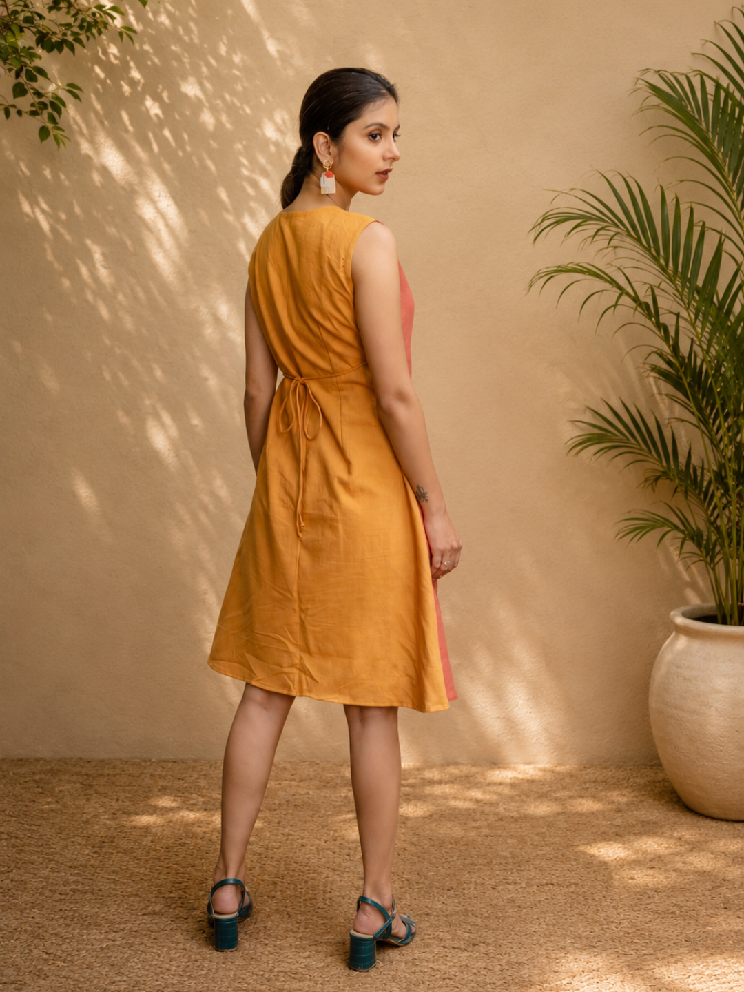 Yellow Orange Khadi Wrap-Up Dress | Jhultaru