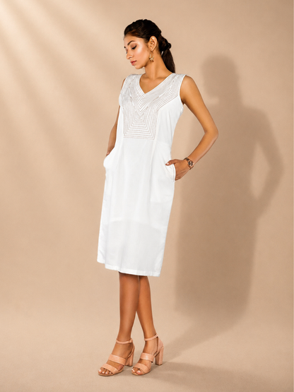 Meira White Organic Cotton Embroidered White Dress | Jhultaru