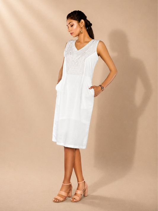 Meira White Organic Cotton Embroidered White Dress | Jhultaru