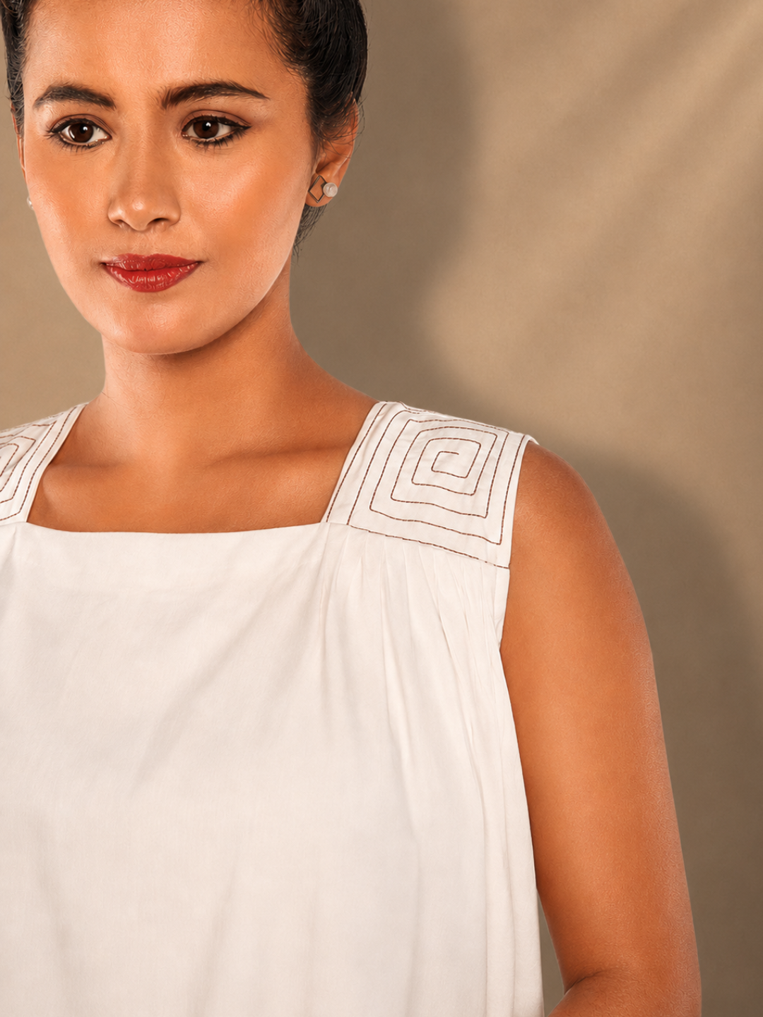 Lyra White Tencel Embroidered Shoulder Top | Jhultaru