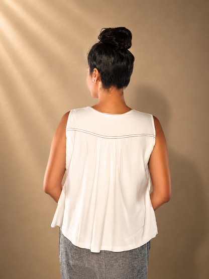 Lyra White Tencel Embroidered Shoulder Top | Jhultaru