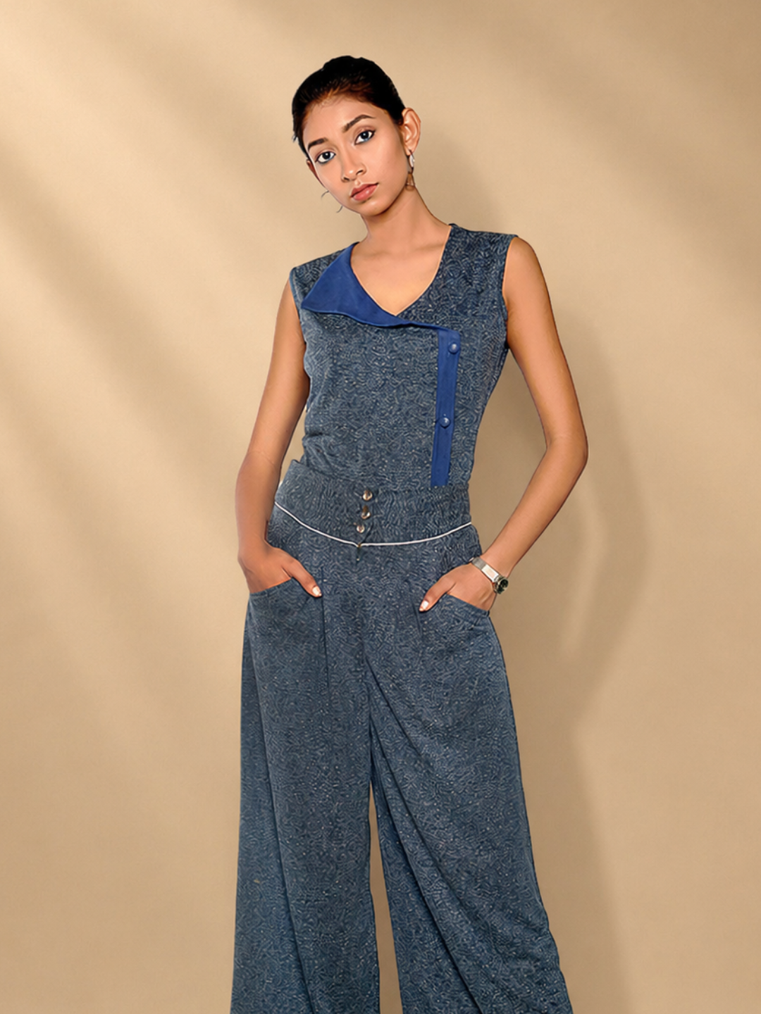 Inara Gray and Blue Recycled Polyester & Hemp Asymmetric Button Top | Jhultaru