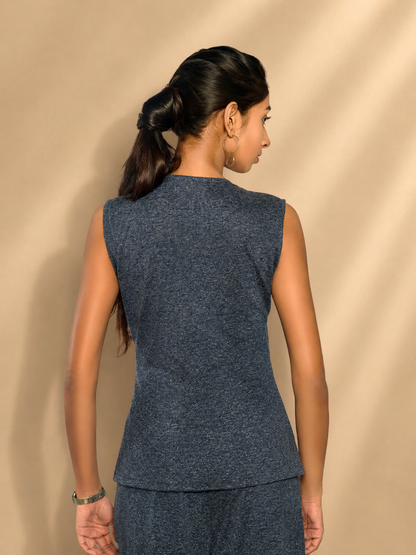Inara Gray and Blue Recycled Polyester & Hemp Asymmetric Button Top | Jhultaru